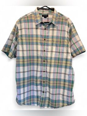 Lands' End blue green pink plaid short sleeve button up shirt outdoors summer
